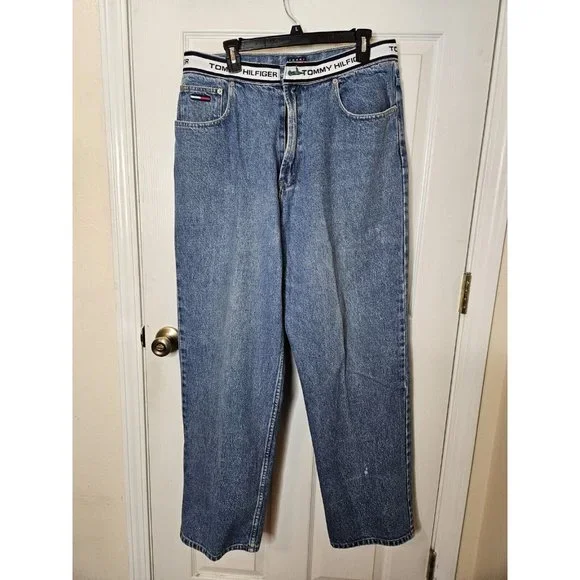 Vintage Tommy Hilfiger Jeans Mens 36x32 Blue Big Flag Straight Y2K Pants Baggy - Picture 1 of 12